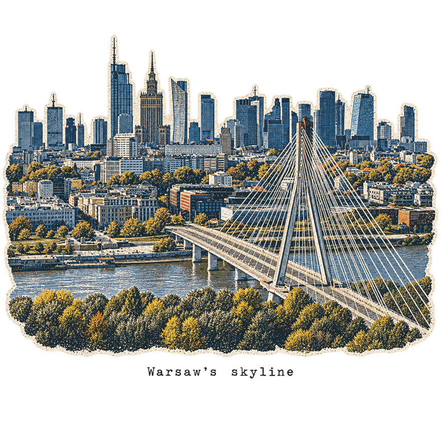 Warsaw's skyline over the Vistula, with the Świętokrzyski Bridge in front of it - this is a real photo, but edited and styled by an AI photo editor